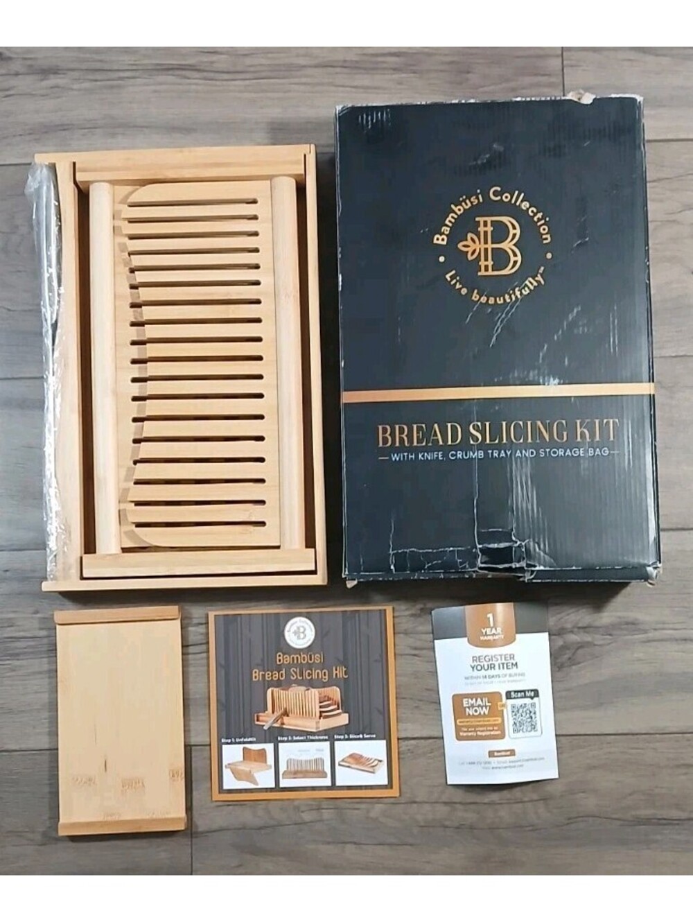 Bread Slicer for Homemade Bread - Adjustable Bamboo Bread Cutter with Knife -NEW